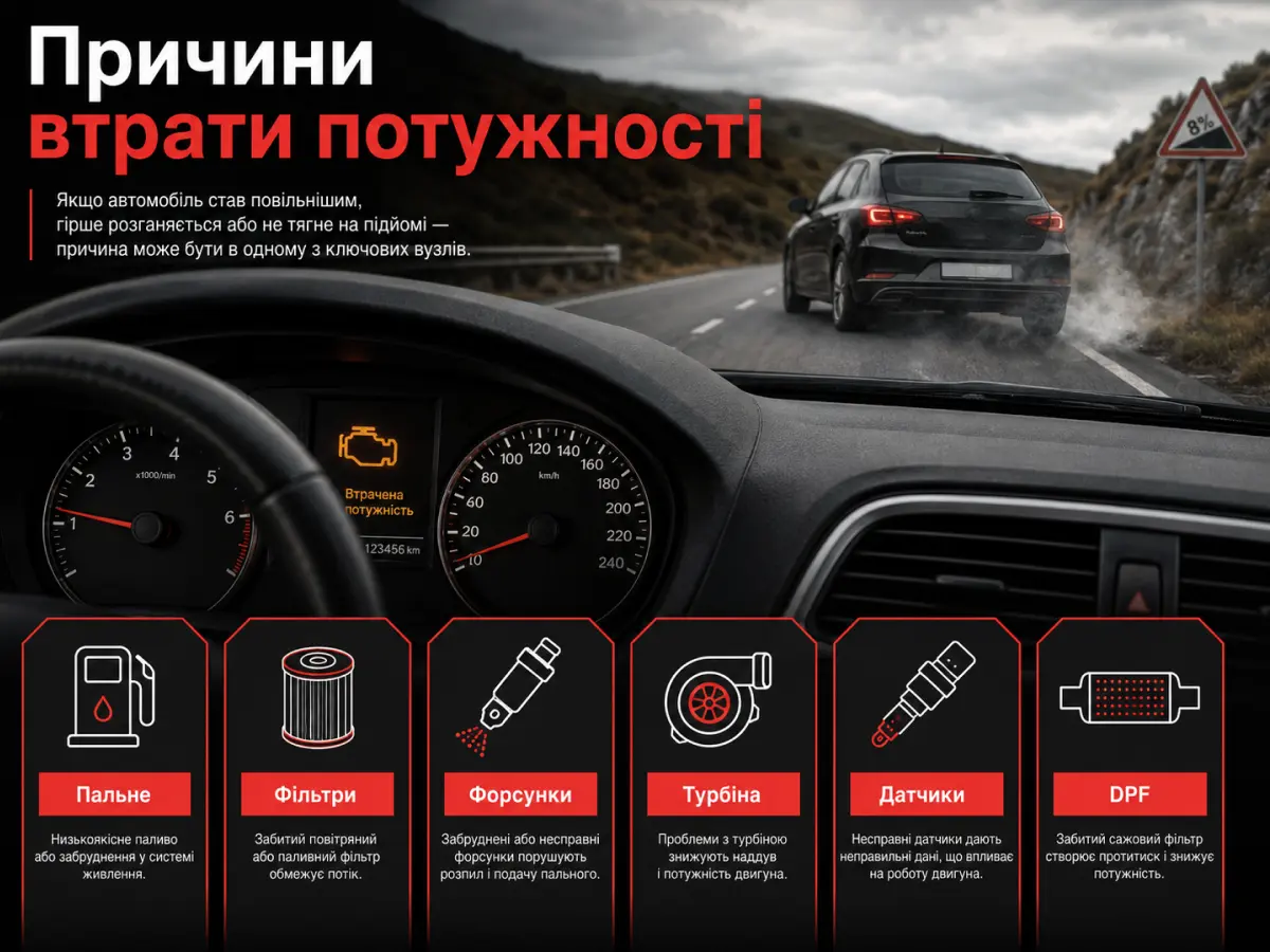 Основні причини втрати потужності автомобіля