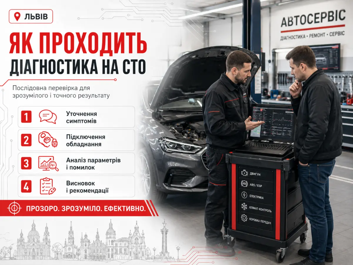 Як проходить діагностика авто на СТО Автопарк-Сервіс у Львові з підключенням обладнання та аналізом помилок
