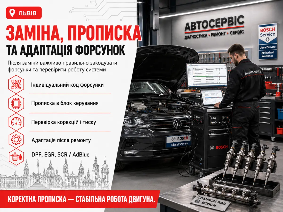 Заміна, прописка та адаптація форсунок Євро-6 у Львові з перевіркою корекцій, тиску та систем DPF, EGR, AdBlue