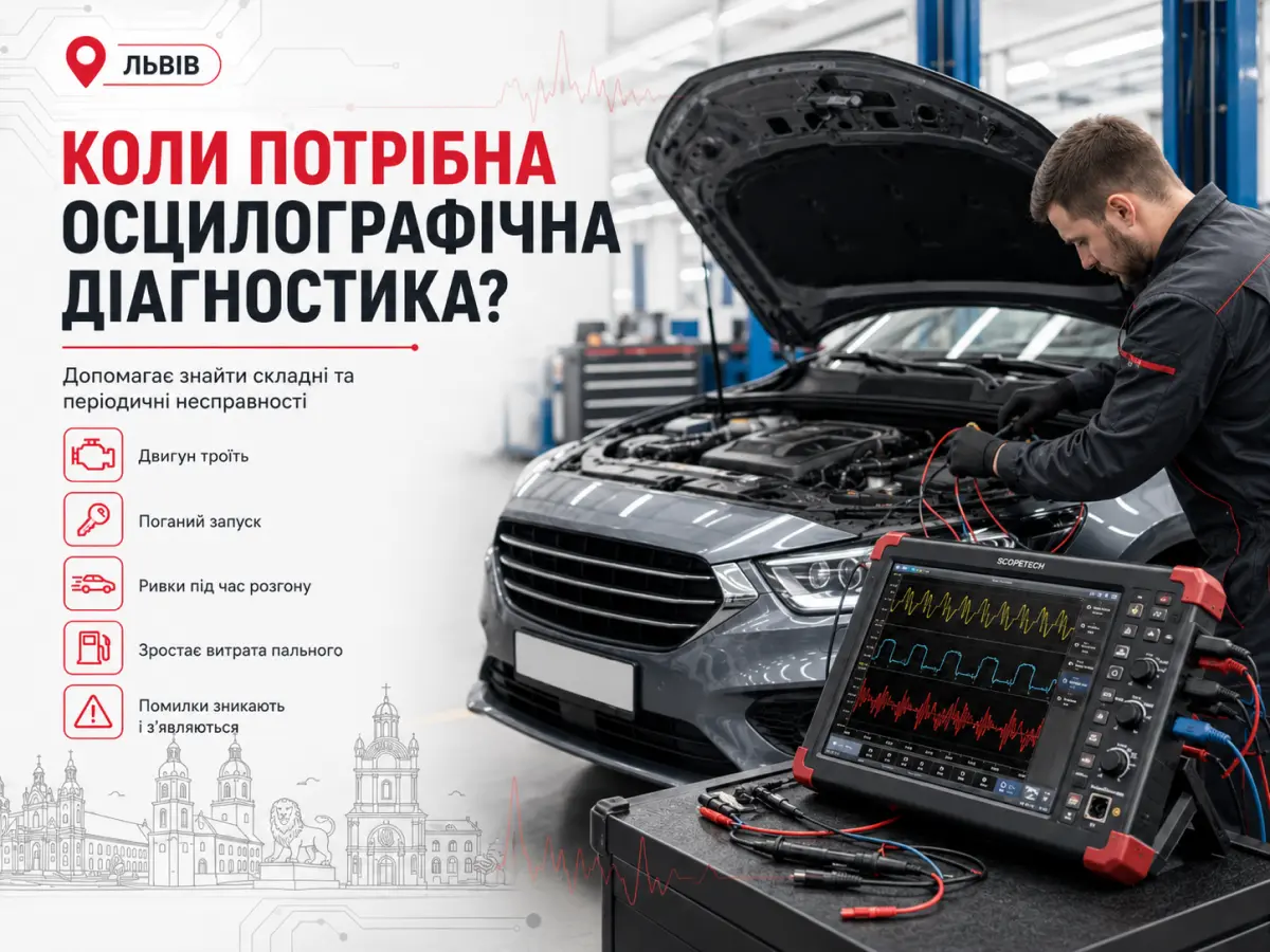 Механік проводить осцилографічну діагностику автомобіля у Львові для пошуку складних несправностей двигуна та електроніки