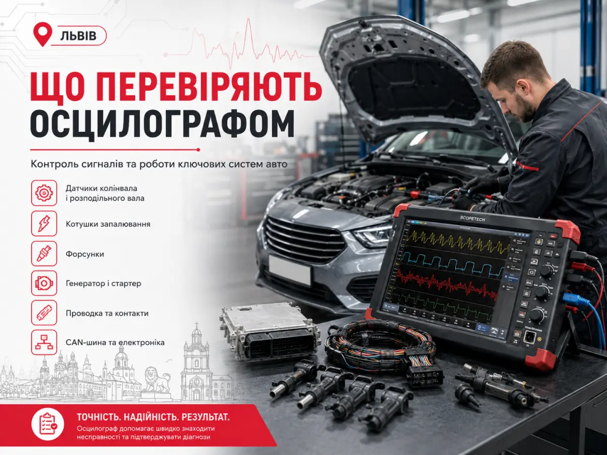 Перевірка датчиків, форсунок, котушок запалювання, генератора, стартера та CAN-шини автомобільним осцилографом